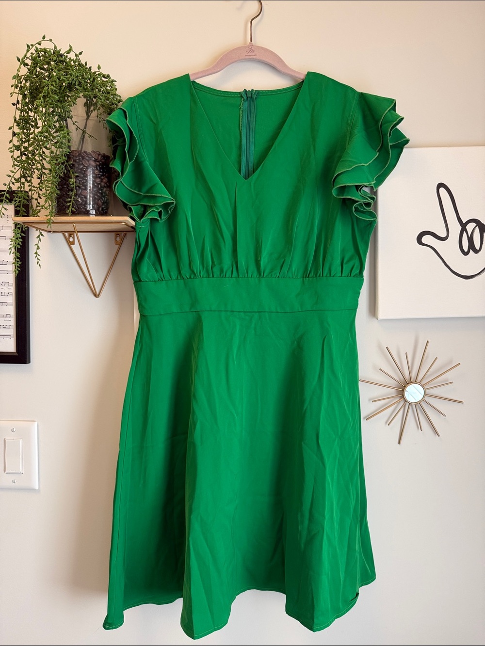 Green Ruffle Sleeve V-Neck Mini Dress